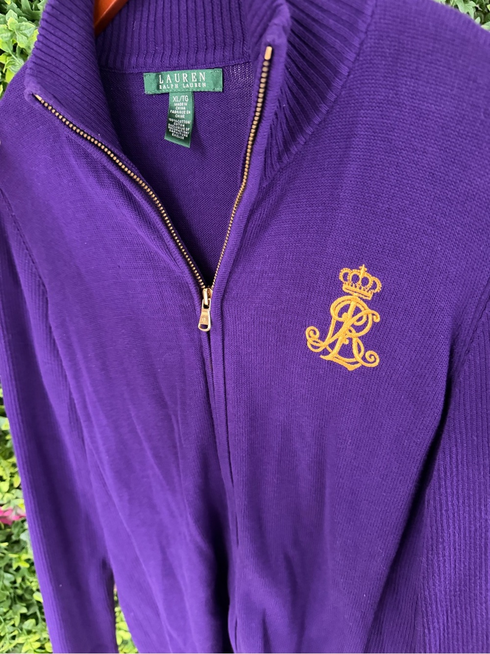 Lauren Ralph Lauren Purple Full Zip Cotton Sweater Gold Crest Logo XL - Picture 3 of 8